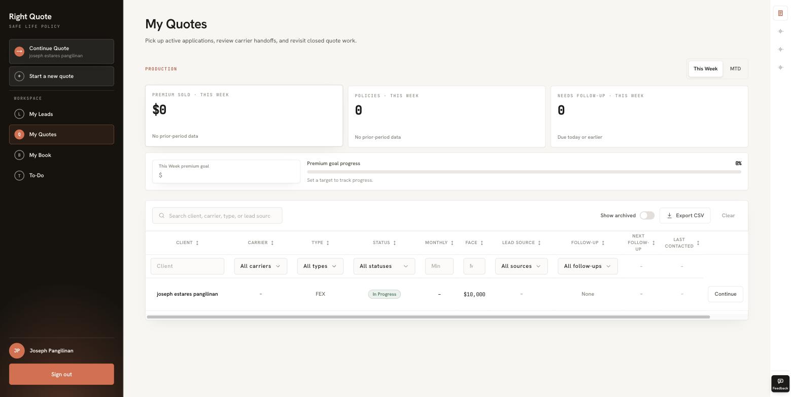 Right Quote — My Quotes production dashboard