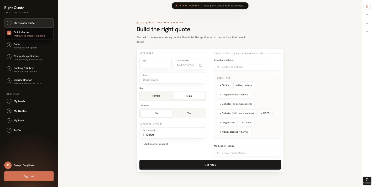 Right Quote — build the right quote: one-page profile, face amounts and health
