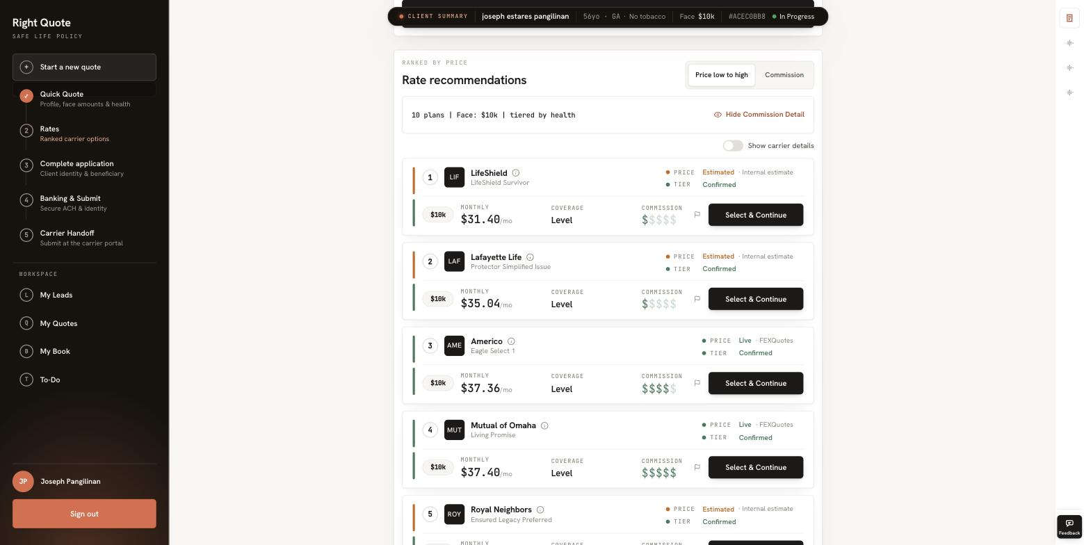 Right Quote — rate recommendations ranked by price with carrier tiers